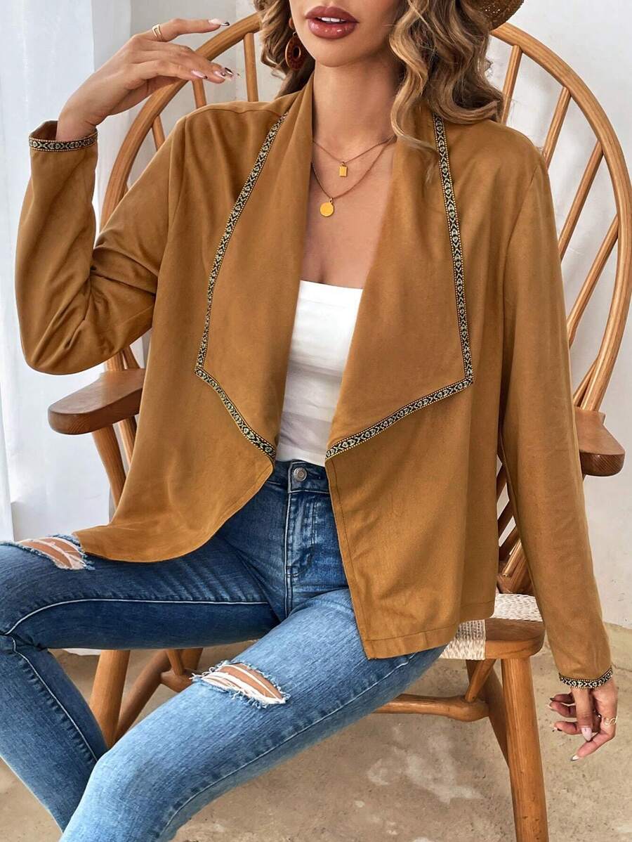 SHEIN VCAY Women's Patchwork Embroidered Edge Lapel Front Zipper Jacket - Brown - View 1