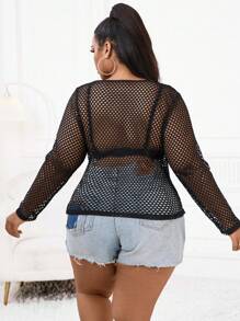 Maweii Blusa/camiseta sexy de manga larga con cuello redondo y aberturas de malla para mujeres de talla grande