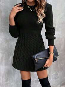 SHEIN Clasi Solid Cable Knit Sweater Dress Without Belt - Black - View 4