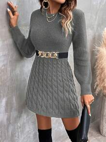 EMERY ROSE 休闲时尚百搭扭纹腰部褶皱A字针织毛衣裙女装秋冬 - 灰色 - 查看 7