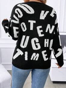 SHEIN LUNE 大碼字母圖案落肩袖套頭毛衣 - 黑色 - 查看 4