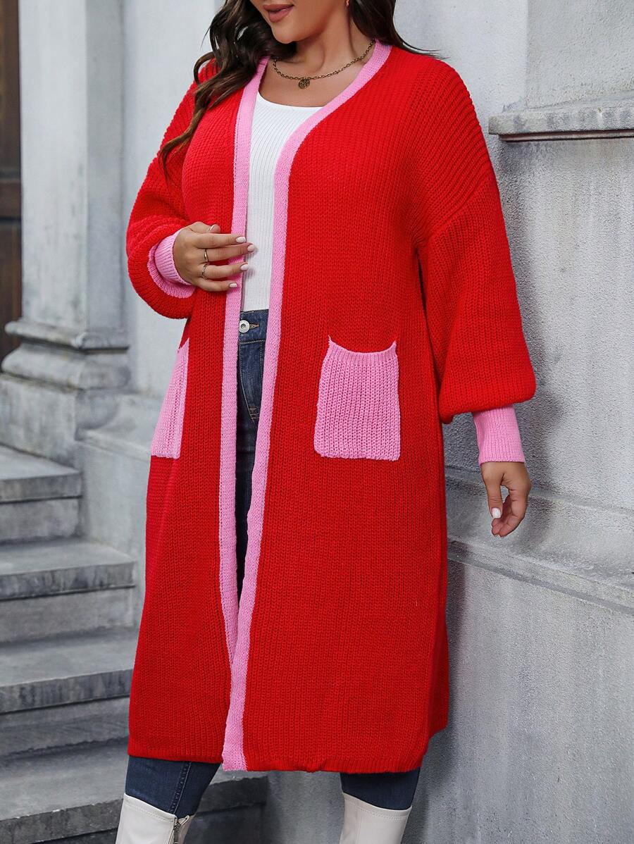 SHEIN Essnce Plus Size Contrast Trim Dual Pocket Drop Shoulder Cardigan