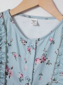 SHEIN Tween Girl Ditsy Floral Print Ruffle Trim Flounce Sleeve Dress - Green - View 3