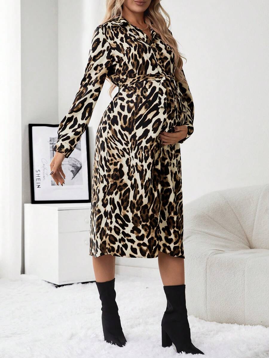 SHEIN 孕婦豹紋印花繫腰帶洋裝 - 黑色 - 查看 1