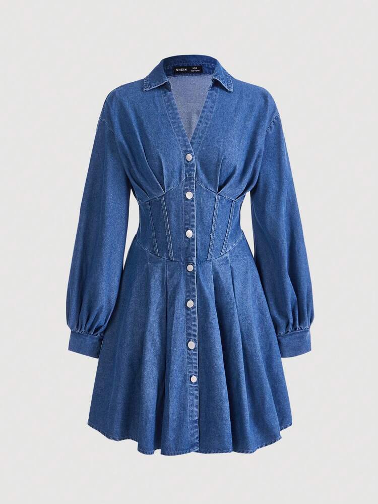 Drop Shoulder Fold Pleated Detail Button Through Denim Dress