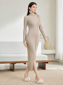 Modelyn Turtleneck Button Detail Split Thigh Sweater Dress - Khaki - View 3