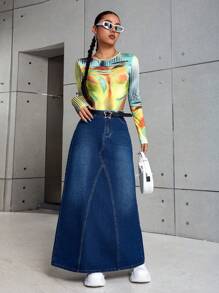 SHEIN ICON 毛邊斜口袋後背開衩牛仔半身裙 - 深色水洗藍 - 查看 3