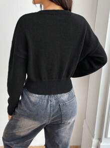 SHEIN Unity Floral Pattern Drop Shoulder Fringe Trim Knit Pullover Fall Winter Sweater - Black - View 2