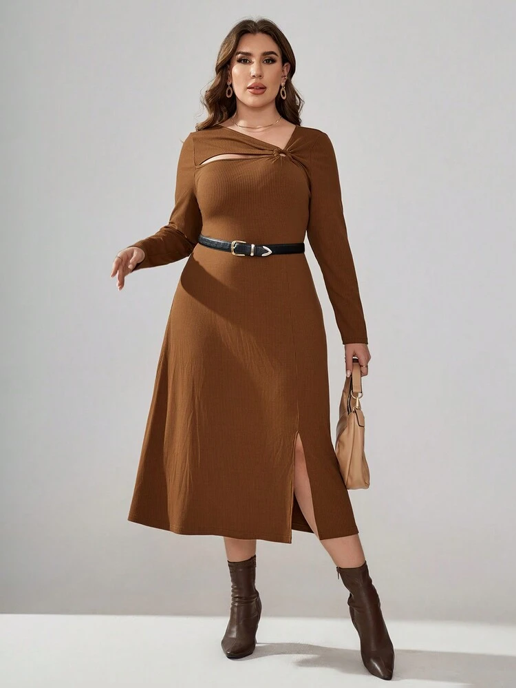 Plus Size Asymmetrical Collar Hollow Out Hem Slit Design Dress