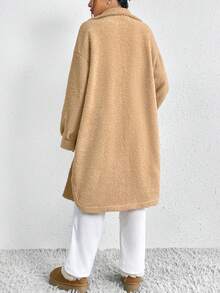 SHEIN EZwear Túi có nắp Thả vai Áo khoác Teddy - Màu be - Xem 3