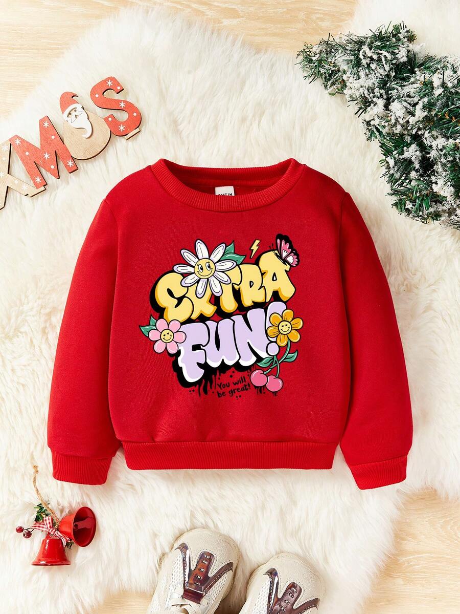 Baby Girl Floral & Letter Graphic Thermal Lined Sweatshirt - Red - View 1