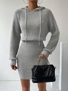 SHEIN LUNE 落肩袖抽繩連帽毛衣洋裝 - 灰色 - 查看 7
