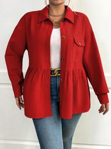 Calvaya 大碼落肩袖翻蓋口袋荷葉擺前紐扣外套 - 紅色 - 查看 1
