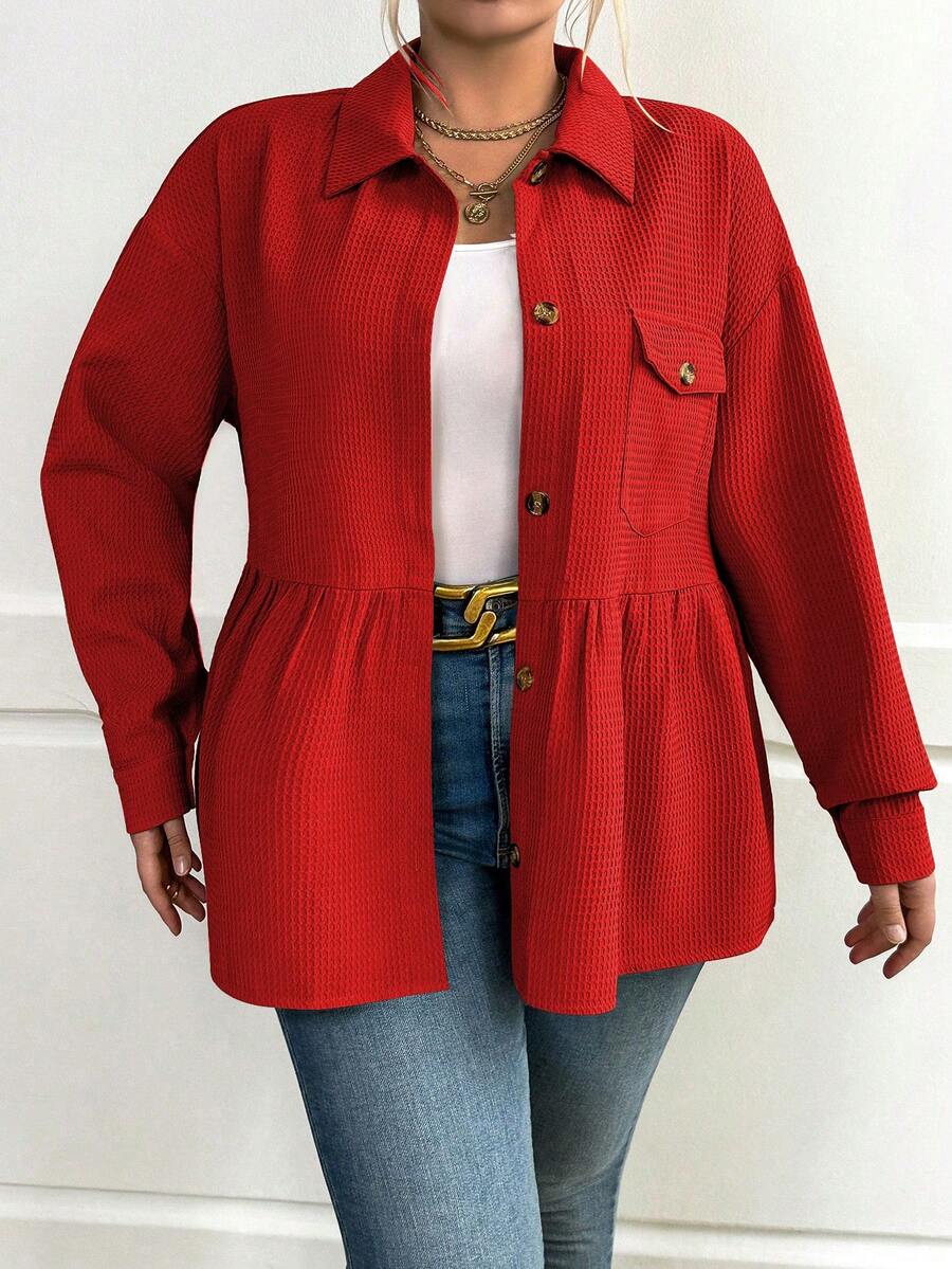 Calvaya 大碼落肩袖翻蓋口袋荷葉擺前紐扣外套 - 紅色 - 查看 1