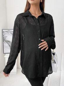 SHEIN 孕婦落肩袖前紐扣襯衫 - 黑色 - 查看 5
