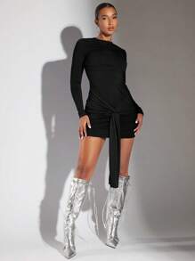 SHEIN BAE Women's Solid Color Twist Front Fitted Elegant Long Sleeve Dress