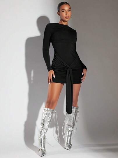 SHEIN BAE Damska sukienka z długim rękawem w jednolitym kolorze, z skręconym przodem i dopasowaną elegancką ramiączką