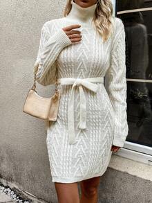 Chiquease High Neck Cable Knit Belted Sweater Dress - Apricot - View 3