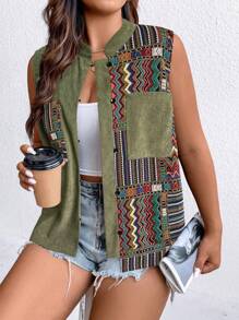 SHEIN LUNE 大碼幾何印花補丁貼口袋外套馬甲 - 軍綠色 - 查看 1