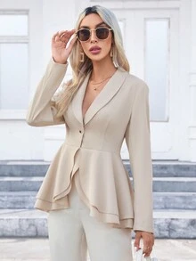 SHEIN Privé 青果領不對稱荷葉邊單釦荷葉邊下擺西裝外套 - 杏色 - 查看 6