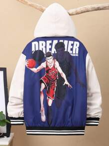 SHEIN Tween Boy Letter & Figure Graphic Two Tone Striped Trim Hooded Jacket - Purple - View 3