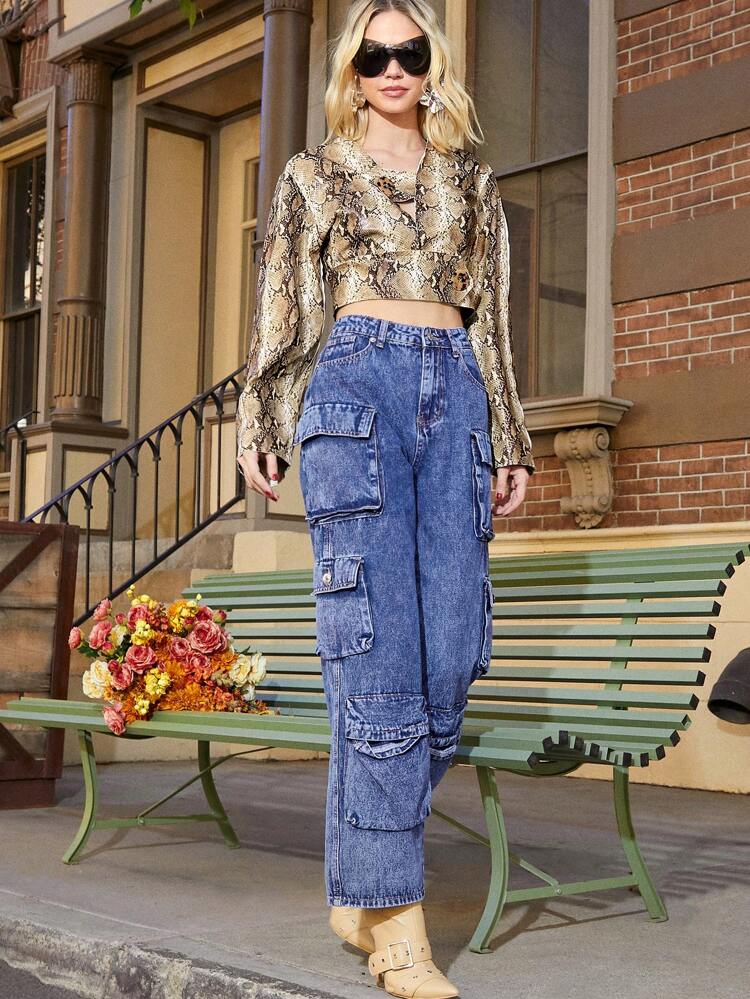 Snakeskin Print Big Button Crop Fashion Blouse
