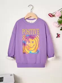Tween Girl Letter & Cartoon Graphic Drop Shoulder Fuzzy Lined Pullover - Purple - View 5