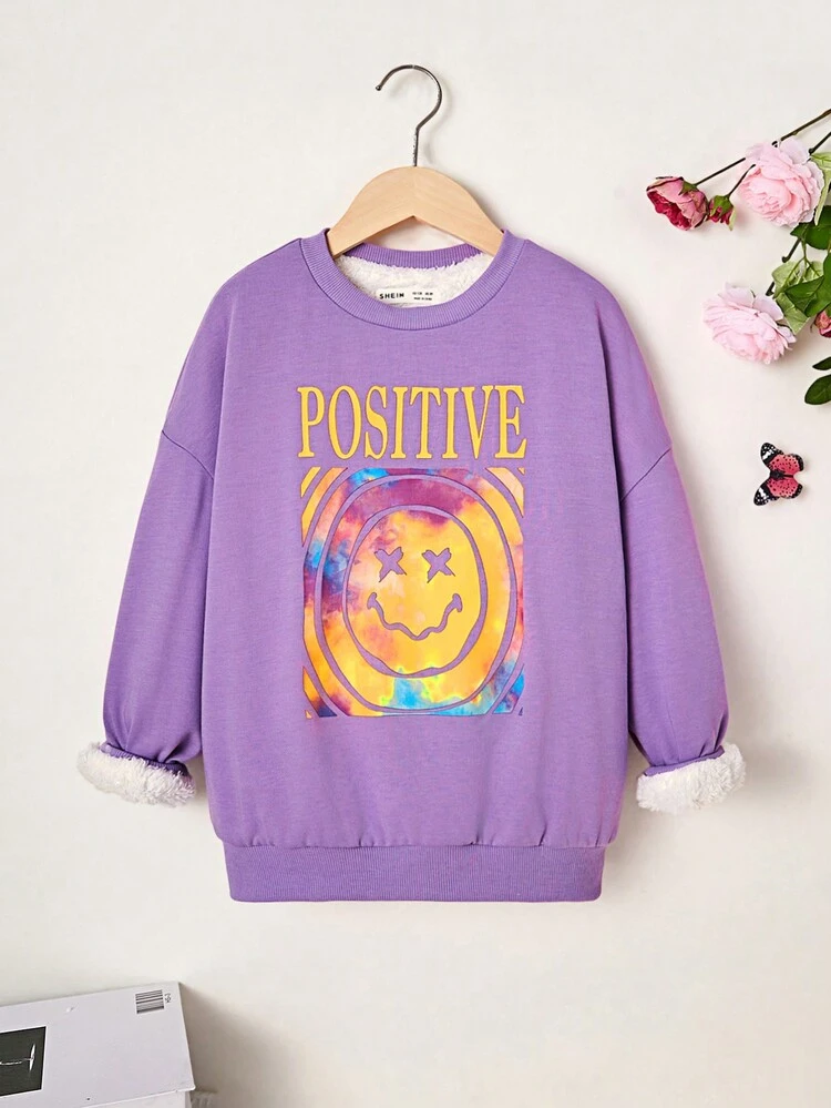 Tween Girl Letter & Cartoon Graphic Drop Shoulder Fuzzy Lined Pullover