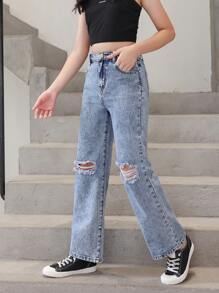 SHEIN Explorewe Tween Girl Ripped Straight Leg Jeans - Blue - View 4
