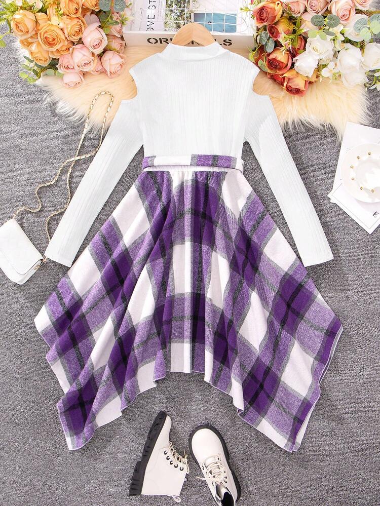 Tween Girl Plaid Print Cold Shoulder Hanky Hem Belted Dress
