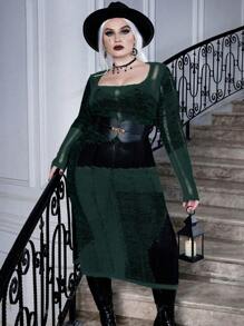 Calvaya Plus Square Neck Ripped Sweater Dress Without Belt - Dark Green - View 3