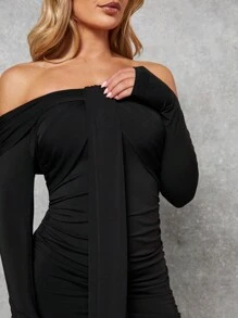 SHEIN BAE Off Shoulder Draped Ruched Bodycon Dress - Black - View 4