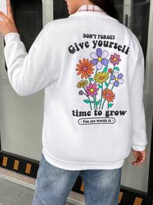 Flirla Plus Floral & Slogan Graphic Drop Shoulder Sweatshirt Pullover Fall Sweatshirt - White - View 1