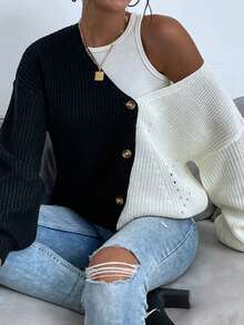 SHEIN Frenchy Hai âm Thả vai Áo len Mở - màu đen - Xem 4