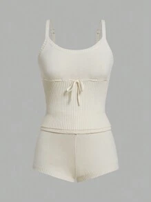 SHEIN Qutie Solid Cami Knit Top & Knit Shorts - Beige - View 1