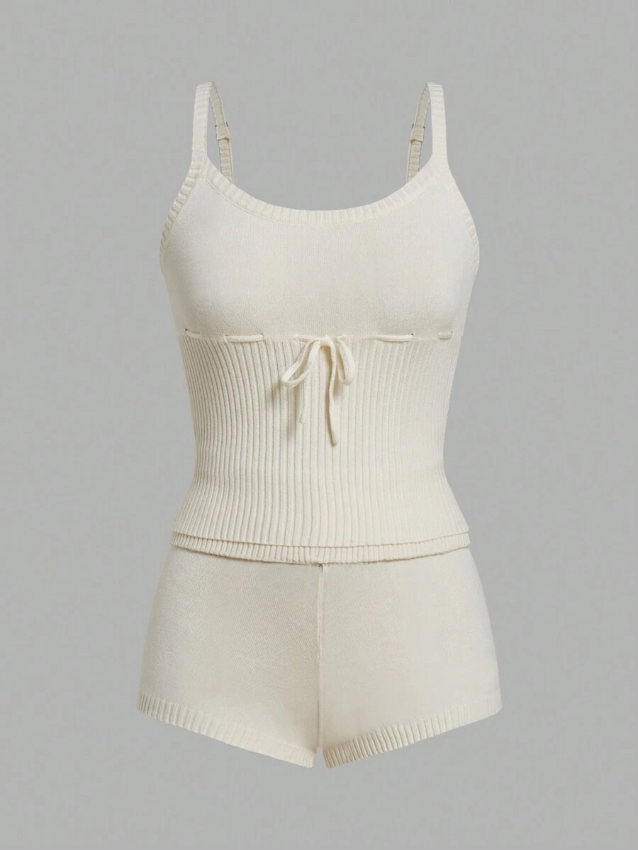 SHEIN Qutie Solid Cami Knit Top & Knit Shorts - Beige - View 1