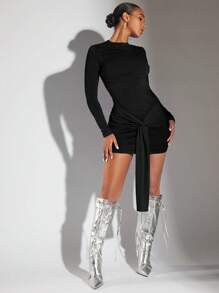 SHEIN BAE Women's Solid Color Twist Front Fitted Elegant Long Sleeve Dress