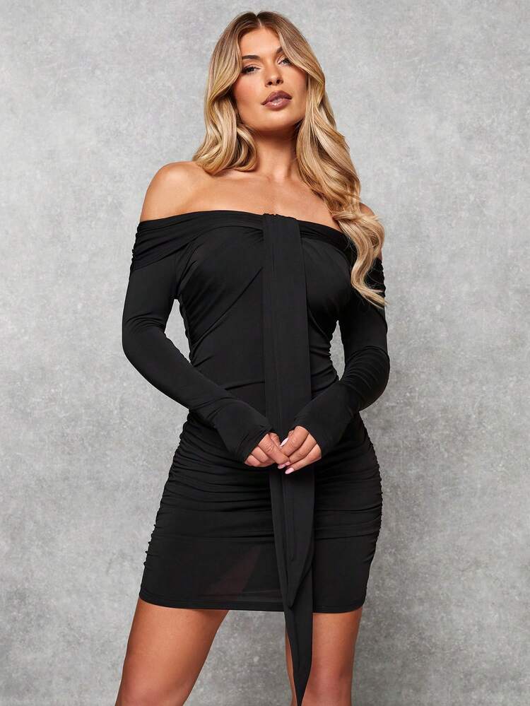 Off Shoulder Draped Ruched Bodycon Dress