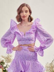 Enchnt Camisa crop aplicado ribete con fruncido de manga con volante - Púrpura malva - Ver 6