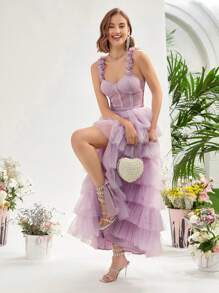 Enchnt High Low Layered Ruffle Mesh Overlay Skirt - Pink - View 4