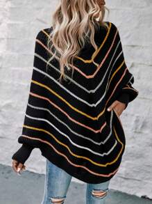 SHEIN LUNE 條紋圖案高領蝙蝠袖斗篷毛衣 - 彩色 - 查看 1