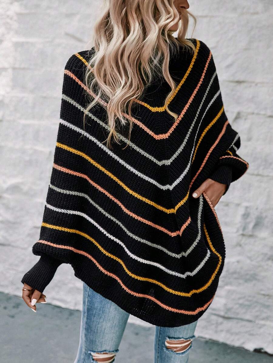 SHEIN LUNE 條紋圖案高領蝙蝠袖斗篷毛衣 - 彩色 - 查看 1