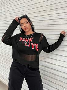 SHEIN EZwear Plus Letter Pattern Drop Shoulder Distressed Sweater - Black - View 4