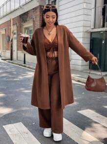 Flirla Plus Drawstring Front Tank Top & Pants & Coat - Brown - View 4