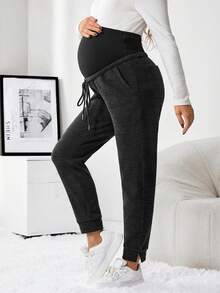 SHEIN Maternity Drawstring Waist Pants - Black - View 7