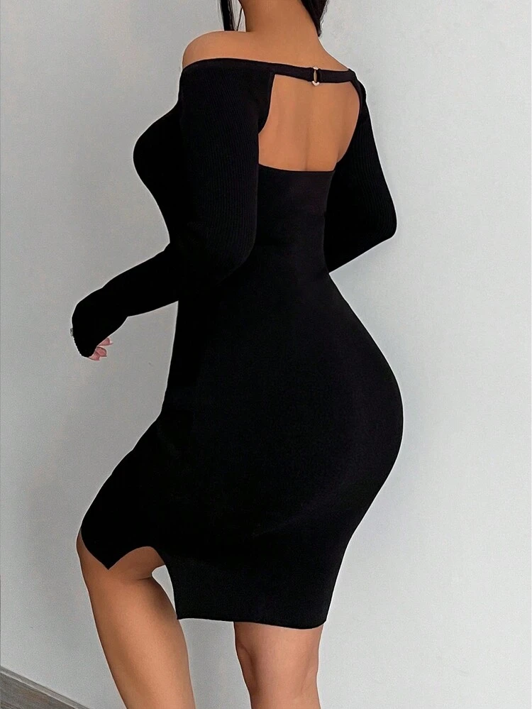 Off Shoulder Split Hem Cut Out Back Sweater Dress