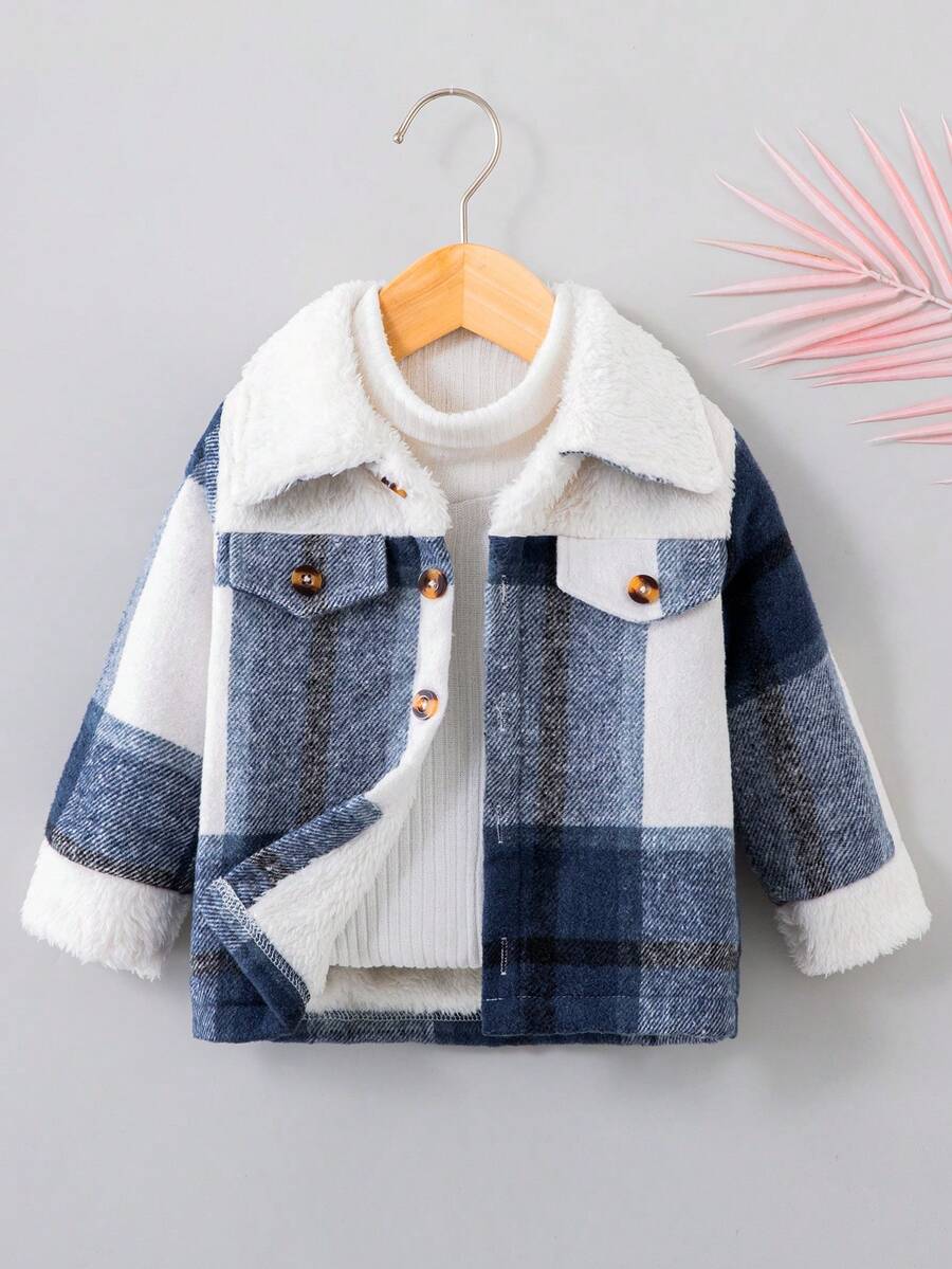 嬰兒男童厚絨加厚保暖藍色格紋休閒日常運動外套,適用於秋冬季節