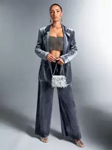 SHEIN BAE Quần ống rộng xếp ly màu trơn thanh lịch cho nữ, thích hợp khi đi làm - Màu xanh lam - Xem 4