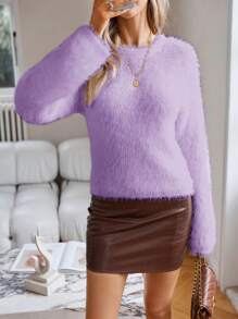 SHEIN Privé Chất rắn Thả vai 	
Fuzzy Áo len - Màu tím - Xem 5