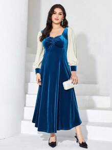 Modelyn Hơn Khối màu Cổ Trái tim Nếp gấp Phần Ngực Tay áo lồng đèn Nhung Đầm - Nhiều màu - Xem 1